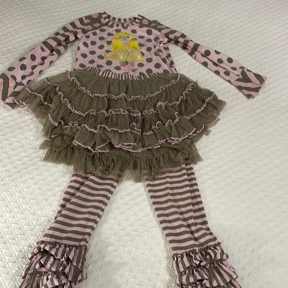 Mustard Pie pink taupe yellow 3 piece tutu ruffle pants top outfit sz 7 so cute - Picture 1 of 12